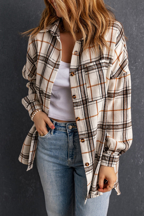 White Oversized Plaid Pattern Shacket With Slits